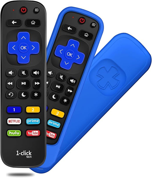 [w/Cover] 1-clicktech New Remote for Roku TV w/6 Customizable HotKeys, for TCL Hisense Onn Sharp Sanyo Hitachi Element Insignia Westinghouse Magnavox LG Roku TV, Roku Box (Remote + Blue Cover)