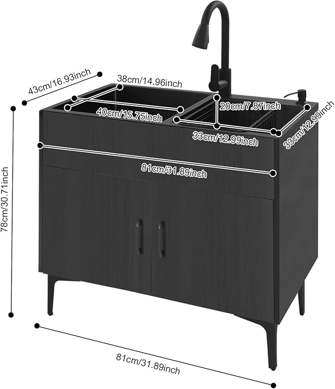32-Inch Utility Sink Cabinet with Pull-Out Sprayer Faucet, Laundry Sink with Cabinets and Stainless Steel Double Sinks, Freestanding Cabinet with Sink for Laundry&Utility Room, Kitchen, Bathroom