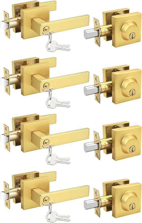4 Pack Brushed Gold Keyed Alike Front/Exterior Door Lever with Single Cylinder Deadbolt, Satin Brass Entry Door Knob Lock Set Combo Sets, for Entrance/Front and Office Doors