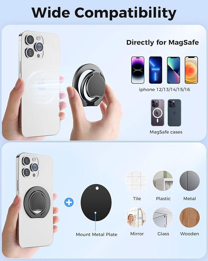 SUPERONE【Upgraded】 Ultra-Thin Magnetic Phone Grip for MagSafe Ring Holder, Removable Gym Dual-Sided Magnets MagSafe Kickstand for iPhone 17/16/15/14/13/12 & All Smartphones, Fit Magnetic Car Mount