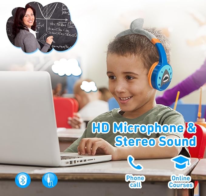 Kids Bluetooth Headphones Toddler Wireless/Wired Headphone with MIC Bluetooth 5.3 Stereo Sound Sharing Function Adjustable 85dB Safe Volume Limited SD Card Slot Kid Headset for Home School