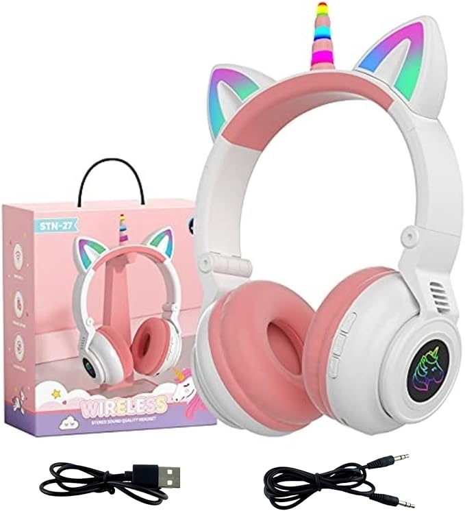 Unicorn Kids Headphones for Girls, Unicorn Bluetooth Headphones Foldable for Girls Toddlers Tablet/pad/Amazon fire,Light Up Kids Wireless Headphone Birthday Gifts (White Pink)