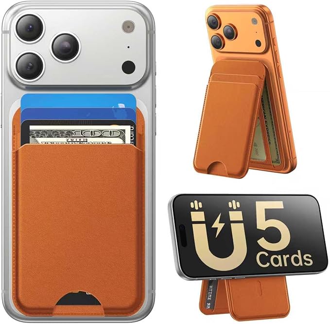 for MagSafe Wallet with Stand, 5 Card Holder, Slim Leather Magnetic Wallet for iPhone 17/16/15/14/13/12 Pro Max Plus Air Series, 3 Card Slots & 1 Cash Slot,Brown