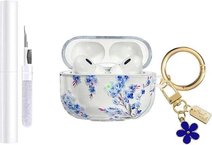 Compatible with AirPods Pro 2 Case Cover 2022, Soft TPU with Cute Flower Pattern for AirPods Pro 2nd/1st Generation Case with Flower Keychain and Carabiner for Girls Women (Midnight Blue)
