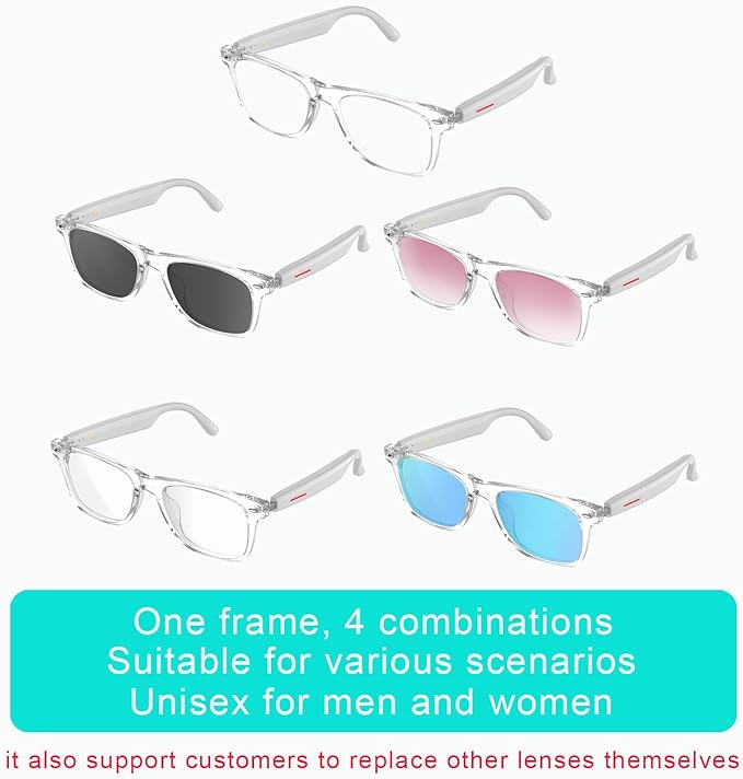IVY TWS Smart Bluetooth Audio Glasses - Glesses Lens Kits (Blue Light Blocking & Sunglasses & Pink & Blue) for Office Outdoor Sports Drive - Smart Glasses for Men & Women - White Frame