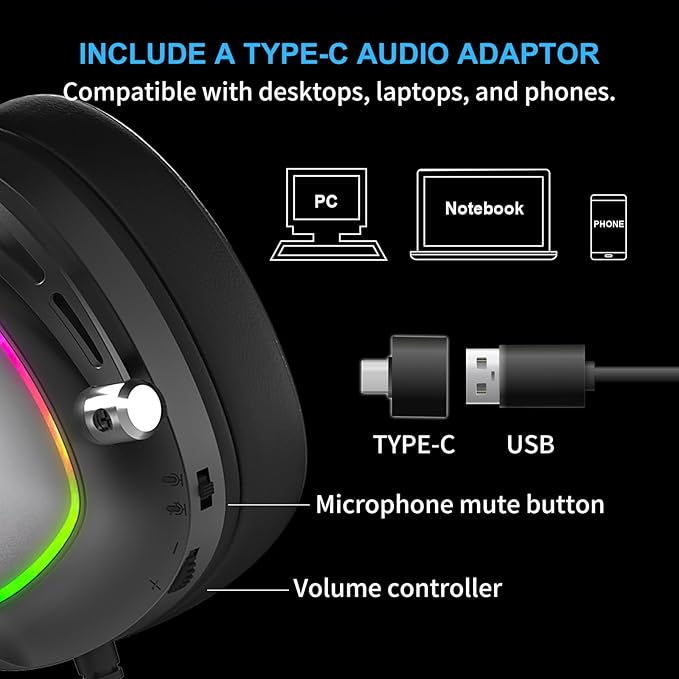 FOXXRAY HAU-50 RGB Gaming Headset, Computer Headphone with Detachable Microphone, Surround Sound, 50mm Drivers, Soft Earmuffs, Lightweight USB Wired Headphones for PC, PS4, PS5, Laptop, Smartphone