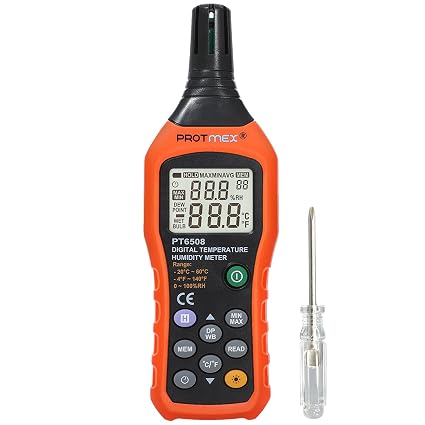 Protmex Digital Temperature Humidity Meter, Thermometer Hygrometer with Ambient Dew Point and Wet Bulb Temperature Indoor and Outdoor, Data Logger with Min/Max Hold, LCD Backlight, PT6508