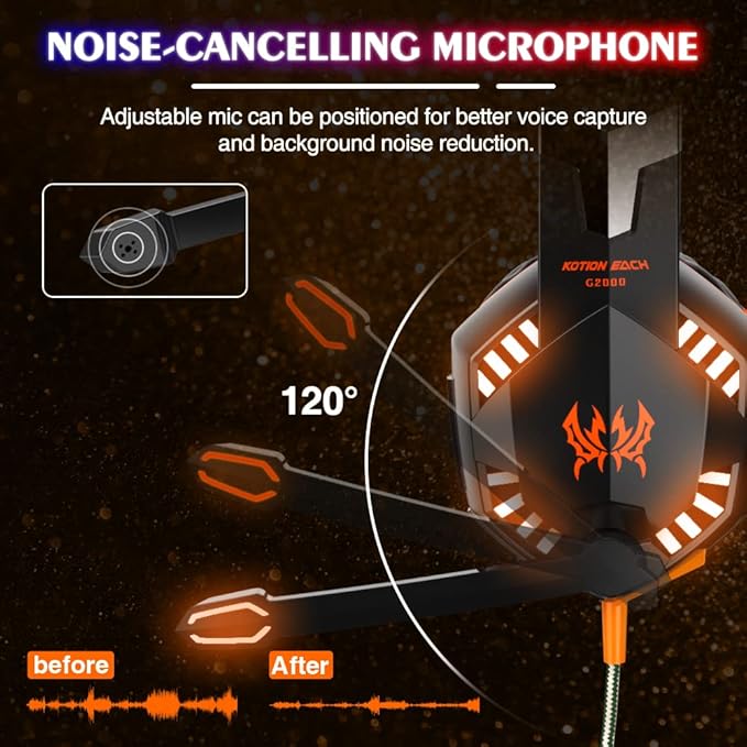 VersionTECH. G2000 Gaming Headset, Bass Surround Gaming Headphones with Noise Cancelling Mic, LED Lights, Soft Memory Earmuffs for PS5/ PS4/ Xbox One Controller/Laptop/PC/Mac/Nintendo NES Games-Yellow