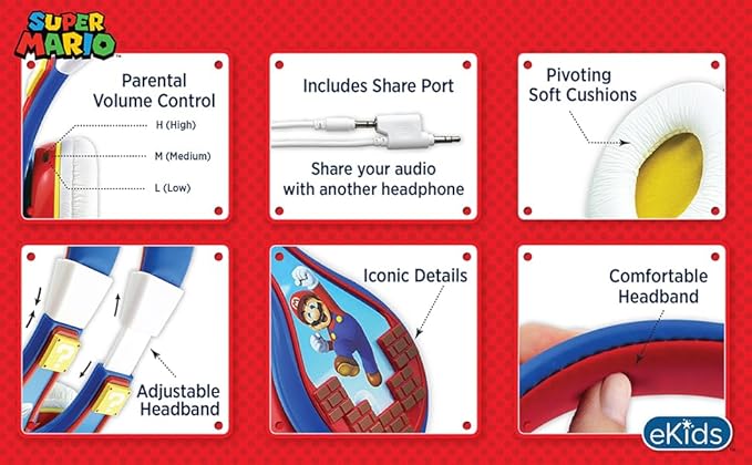 eKids Super Mario Kids Headphones, Adjustable Headband, Stereo Sound, 3.5Mm Jack, Wired Headphones for Kids, Tangle-Free, Volume Control, Childrens Headphones Over Ear for School Home, Travel