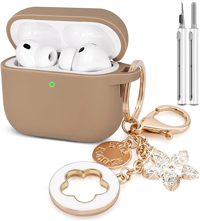 Compatible with AirPods Pro 3 Case Cover 2025 with Bling Keychain Cleaner Kit Silicone Case for AirPods Pro 3rd Generation Wireless Earbuds (Milk Tea)