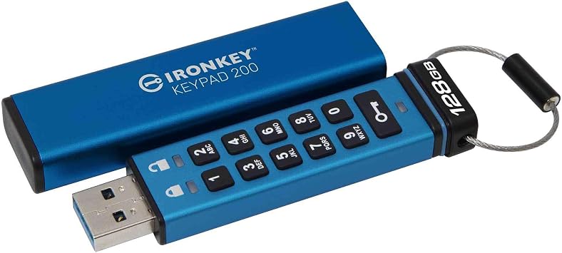 Kingston Ironkey Keypad 200 128GB Encrypted USB | Alphanumeric Keypad | Multi-Pin Access | XTS-AES 256-bit | FIPS 140-3 Level 3 Certified | Brute Force & BadUSB Protection | IKKP200/128GB,Blue