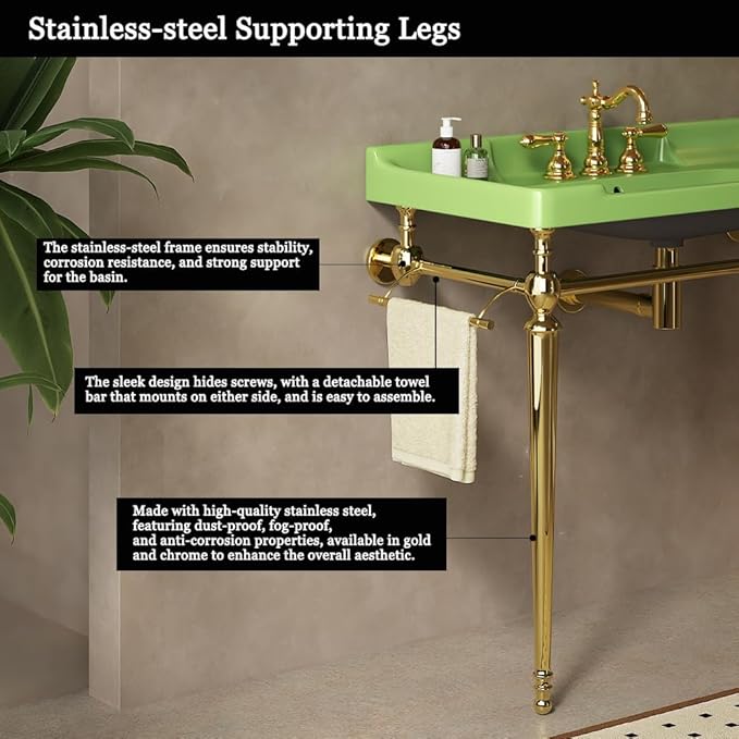 36" Bathroom Console Sink, Wall-Mounted Green Ceramic Vanity Basin with 3 Pre-drilled Faucet Holes, Freestanding Gold Stainless Steel Support Legs with Towel Bar, No Faucet - Rome, Green