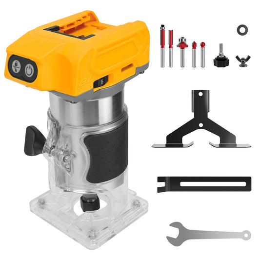 Cordless Compact Router for Dewalt 20V Battery, 800W Brushless Trimmer Router with 5 Variable Speeds, 30000 RPM, Wood Palm Router Tool with 5PCS 1/4" Router Bits, Edge, Roller Guides