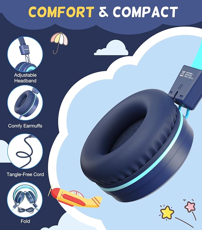 USB Type C Kids Headphones for School, Wired Toddler Headphones, 94dB Volume Limited, HD Stereo Sound, Foldable Lightweight On-Ear Wired Headphones for Kids/Children/Teens/Boys (Dark Blue)