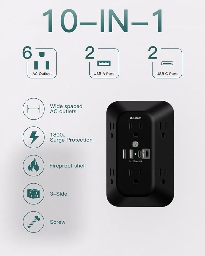Addtam Surge Protector Outlet Extender, 6-Outlet Splitter with 4 USB Wall Charger(PD 20W), Multi Plug Wall Outlet 1800J Power Strip for Home Office Dorm Room Essentials, Black