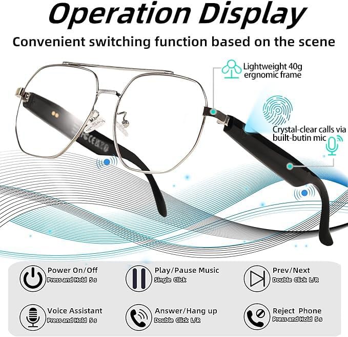 Smart Glasses with Bluetooth 5.4 Polarized Reading Sunglasses Photochromic Lens Bluetooth with Touch Voice Control