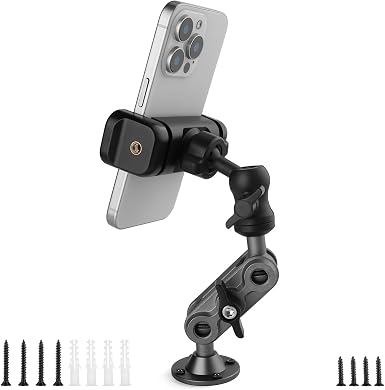 Wall Mount Phone Holder Drilling Base Heavy Duty iPhone Stand,360° Adjustable 2-Stage Arms Mount for Wall/Desk/Car/Truck/Van Dashboard,Compatible with 3.5~7.5" iPhone/HTC/LG/Nexus/Huawei Smartphone