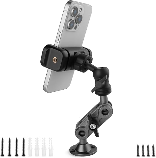 Wall Mount Phone Holder Drilling Base Heavy Duty iPhone Stand,360° Adjustable 2-Stage Arms Mount for Wall/Desk/Car/Truck/Van Dashboard,Compatible with 3.5~7.5" iPhone/HTC/LG/Nexus/Huawei Smartphone