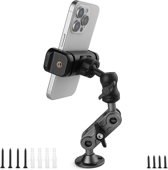 Wall Mount Phone Holder Drilling Base Heavy Duty iPhone Stand,360° Adjustable 2-Stage Arms Mount for Wall/Desk/Car/Truck/Van Dashboard,Compatible with 3.5~7.5" iPhone/HTC/LG/Nexus/Huawei Smartphone