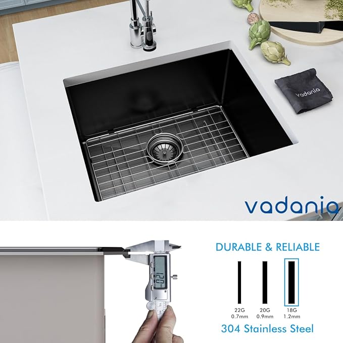 VADANIA 22-inch Kitchen Bar Sink, Black-plated Finish, 22"x18"x10", Single Bowl, Undermount, 18 Gauge T304 Stainless Steel, with Strainer & Bottom Grid, cUPC listed