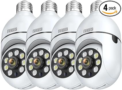 EVERSECU 4pack 2K 3MP Wireless Light Bulb Security Camera, 2.4g & 5g WiFi, Auto Tracking, 2 Way Audio, Smart Night Vision, Support ONVIF & RTSP, Work with Alexa, SD Card & Cloud Storage, Free App