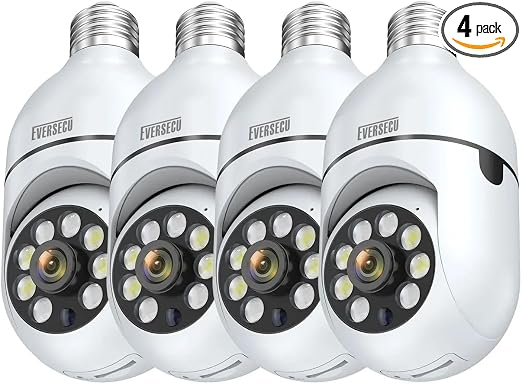 EVERSECU 4pack 2K 3MP Wireless Light Bulb Security Camera, 2.4g & 5g WiFi, Auto Tracking, 2 Way Audio, Smart Night Vision, Support ONVIF & RTSP, Work with Alexa, SD Card & Cloud Storage, Free App