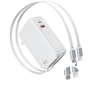 Retractable iPhone Charger Fast Charging,4 in 1 Retractable Wall Charger 45W Travel Essentials Multiport Plug Foldable Block Lightning &USB C Cables for iPhone 17Pro Max/16/15/14/13/12/11,iPad,AirPods