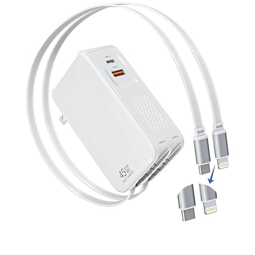 Retractable iPhone Charger Fast Charging,4 in 1 Retractable Wall Charger 45W Travel Essentials Multiport Plug Foldable Block Lightning &USB C Cables for iPhone 17Pro Max/16/15/14/13/12/11,iPad,AirPods