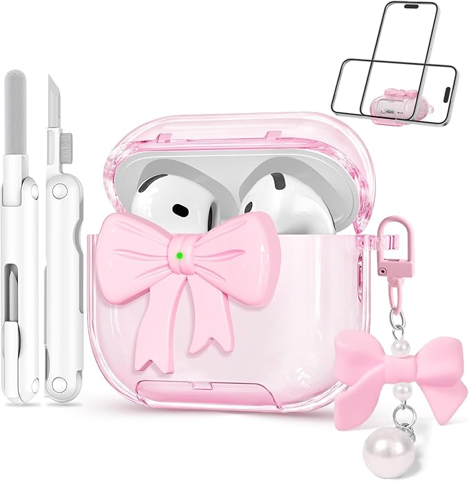 for Airpods 4 Case Pink 2024 with Safety Lock & Phone Stand, 3D Bow Clear iPod 4 Cases with Cute Keychain & Cleaning Kit, Soft TPU Cover for AirPods 4th Generation Case Girls Women
