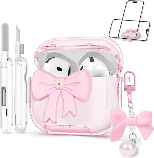 for Airpods 4 Case Pink 2024 with Safety Lock & Phone Stand, 3D Bow Clear iPod 4 Cases with Cute Keychain & Cleaning Kit, Soft TPU Cover for AirPods 4th Generation Case Girls Women