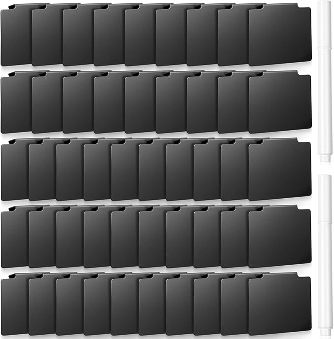 50 Pcs Basket Labels Clip Set for Storage Bins - Include 48 Removable PVC Bin Label Holders with 2 Chalk Markers for Kitchen Pantry Organization Labeling Box Shelf (Black)