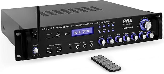PYLE Multi Channel Bluetooth Preamplifier Receiver - 2000 Watt Audio Home Speaker Sound Stereo Receiver W/ Radio, USB, Headphone, Aux, RCA, Dual Microphone W/ Echo, Led, Wireless Streaming - P2001BT