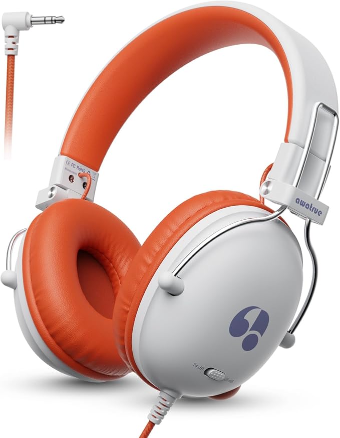 Kids Headphones, 74/85dB Safe Volume Limit, Stereo Sound, Wired On-Ear Headphones for Kids Boys Girls, 3.5mm Jack for Tablet, iPad, Kindle, YOTO Player, Airplane Travel, White