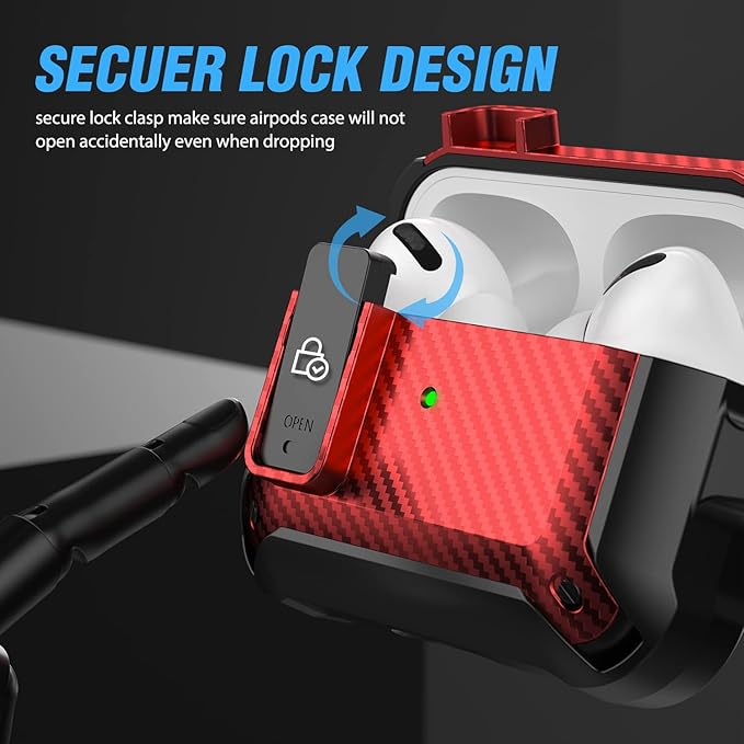 Valkit Compatible Airpods Pro Case with Lock Clip, Carbon Fiber Texture Air Pod Pro Case Cover with Keychain for Men Women Cool AirPod Pro Shockproof Protective Case for AirPods Pro 2019, Black/Red
