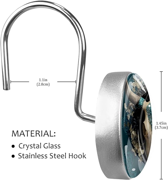 12 Packs Cow Skull Shower Curtain Hooks, Stainless Steel Glass Shower Curtain Rings for Bathroom Decor, Metal Rustproof Curtain Rod Hooks