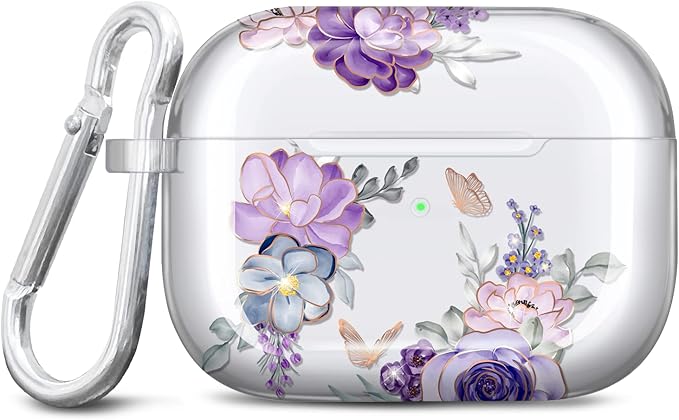 JIAXIUFEN Compatible with AirPods Pro 2019 / Airpods Pro 2nd Generation Case Cover Gold Sparkle Glitter Butterfly Design Cute Full Protective TPU Skin Accessories for Women Girl Flower Purple