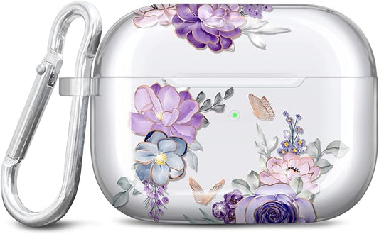 JIAXIUFEN Compatible with AirPods Pro 2019 / Airpods Pro 2nd Generation Case Cover Gold Sparkle Glitter Butterfly Design Cute Full Protective TPU Skin Accessories for Women Girl Flower Purple