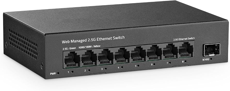 8 Port 2.5G Managed Switch, 8 x 2.5Gbps Base-T Ports and 10G SFP+ Slot, Support LACP/QOS/VLAN/IGMP, Mini Metal Fanless 2.5Gb YuLinca Easy Web Switch