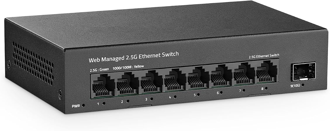 8 Port 2.5G Managed Switch, 8 x 2.5Gbps Base-T Ports and 10G SFP+ Slot, Support LACP/QOS/VLAN/IGMP, Mini Metal Fanless 2.5Gb YuLinca Easy Web Switch