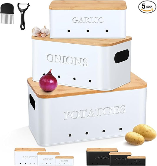 Honeydak 3 PCS Potato Onion Garlic Storage Bins Set, Metal Vegetable Keeper Containers with Lids Aerating Holes for Kitchen Counter Pantry Keep Fresh Longer Farmhouse for Sweet-potato Fruit(White)