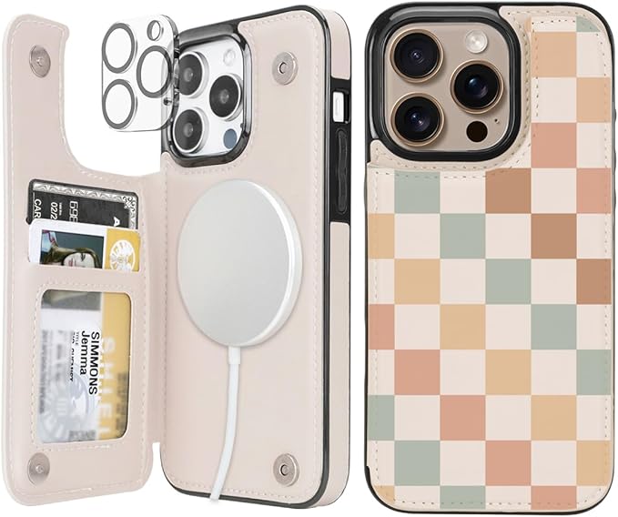 uCOLOR for iPhone 14 Pro 6.1" Wallet Case Magsafe with Card Holder Slot【Compatible with MagSafe】 Folio Flip PU Leather Double Magnetic RFID Design (Pastel Check Vibes)