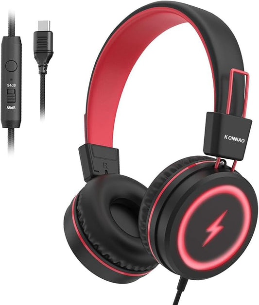 Kid Headphones for School, USB Type C Kids Headphone with LED Lights, Wired Boys Girls Headphones with Safe Limiter 85dB/94dB, Foldable On Ear Headphones with Microphones for School/iPad, Black