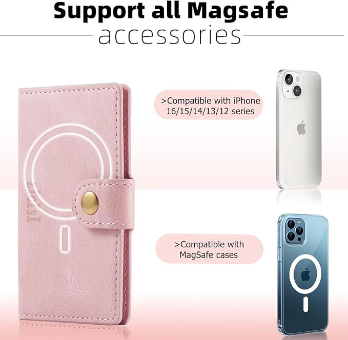 Magnetic Wallet with 5 Card Holders Compatible with MagSafe for iPhone 17/16/15/14 Pro Max/14 Pro/14 Plus/13/12 Series with RFID Protected,Vegan Leather,Pink