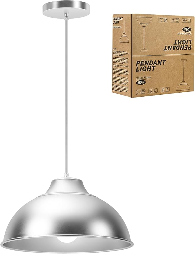 11.8" Aluminum Modern Farmhouse Pendant Light,Adjustable Height 47 Inch Cord Dimmable LED Compatible E26 Base Sandblasting Oxidation Round Dome Hanging Light Fixture for Kitchen Island Indoor (Silver)