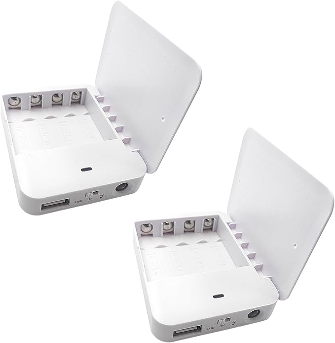 Battery Operated Phone Charger with LED|EmergencyUSB Battery Powered Power Bank Portable 4 AA Batteries Powered Outlet (2Pack White)