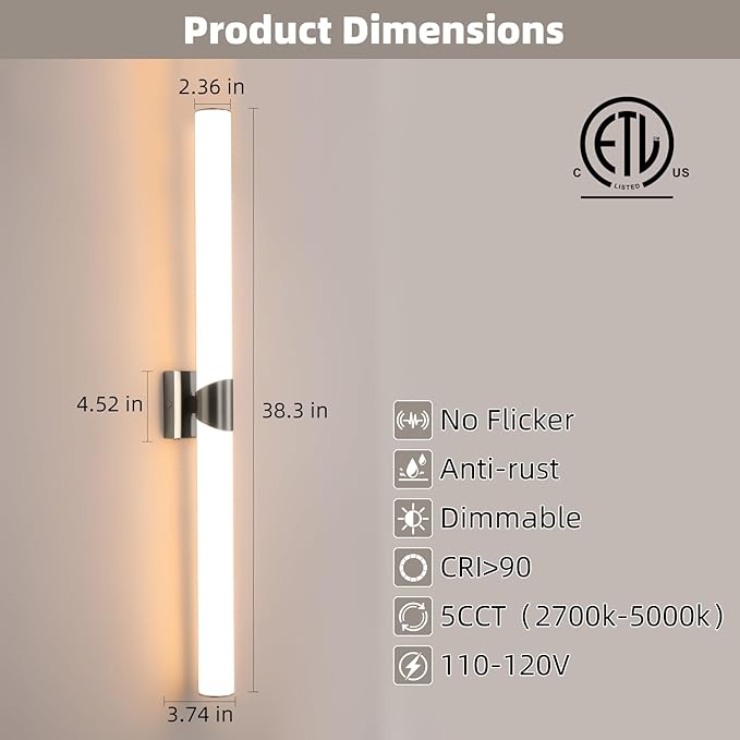 Modern Wall Sconce 39 Ihch Brushed Nickel Bathroom Sconces LED Wall Lighting Fixtures with Acrylic Shade Hardwired Long Vanity Lights Over Mirror for Bedroom Living Room Hallway