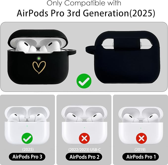 Compatible with AirPods Pro 3 Case Cover (2025), Soft Silicone Case with Gold Heart Pattern for AirPods Pro 3rd Generation Case with Rhinestone Studded Letter A-Z Keychain (O Black)