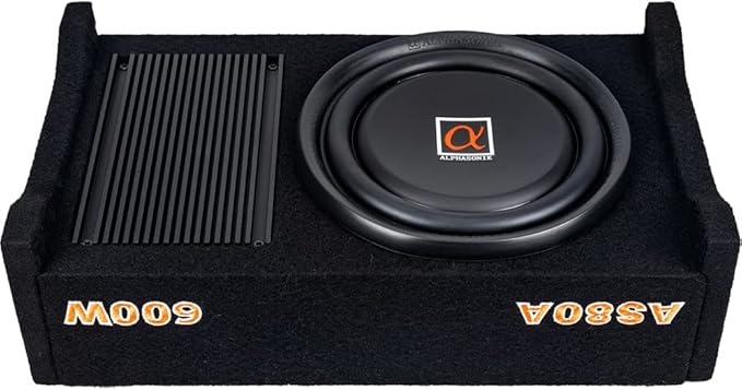 Alphasonik AS80A 8" 600 Watts with a Built-in Amplifier Down-Firing Shallow Mount Enclosed for Tight Spaces in Cars and Trucks, Slim Thin Loaded Subwoofer Air Tight Sealed Bass Enclosure