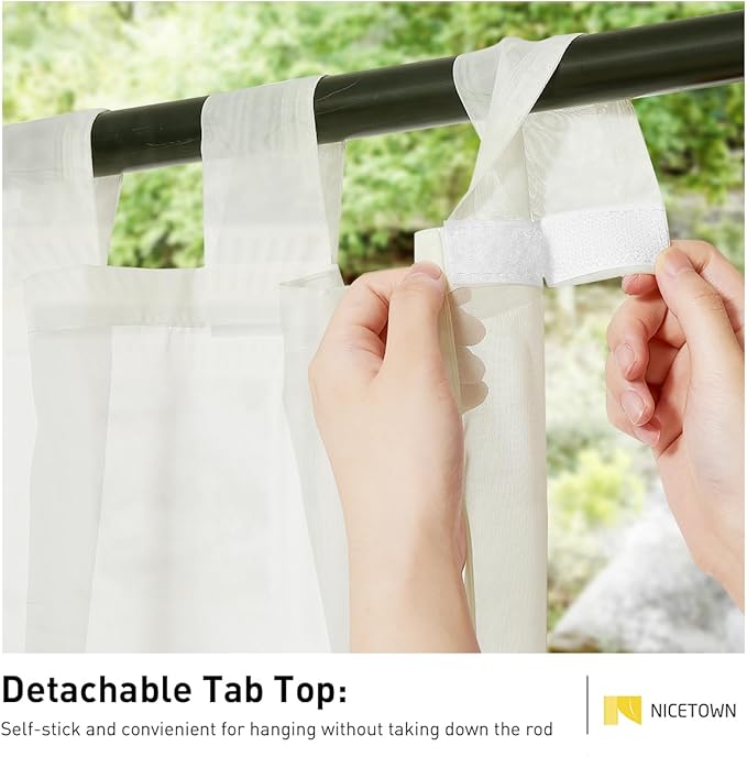 NICETOWN 2 Panels Beige Indoor Outdoor Curtains & Drapes, Self-Sticky Tab Top Elgant Airy Voile Sheer Lightweight & Airy Drapes with Light Filtering for Living Room/Patio/Porch, W54 x L108