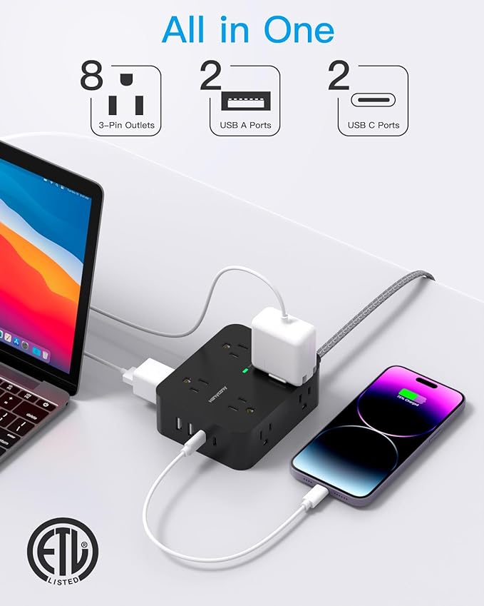 Power Strip Surge Protector 10 Ft Cord, HANYCONY Extension Cord Flat Plug with 8 Outlets 4 USB Ports(2 USB C), Wall Mount, Desk Charging Sation for Home Offcie